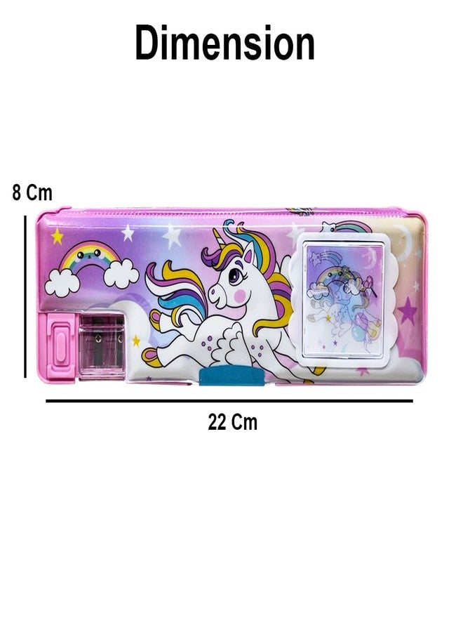 SIDAK Plastic Unicorn Printed Pencil Box With Calculator, Dual Sharpener, Pen & Pencil Holder, Magnetic Door Closure And Birthday Party Return Gift For Kids.Calculator Pencil Box,(Pink) - Image 3